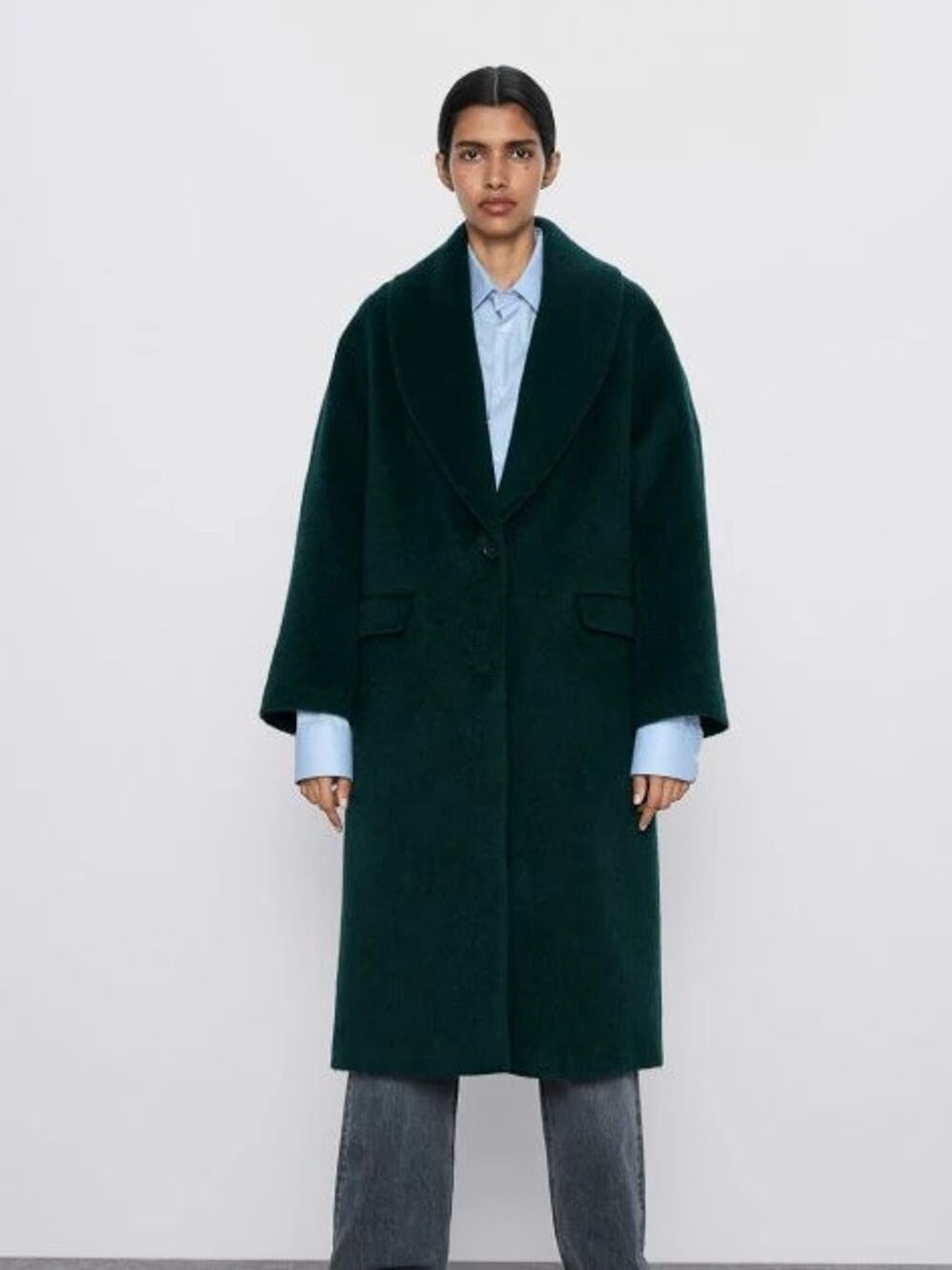 Zara Green Long Coat Jacket Shawl Collar Manteco Wool 8568/411 NWT